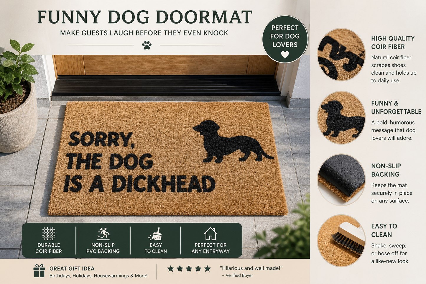 Dachshund Sausage Dog coir doormat - “Sorry the dog is a Dickhead” 40 x 70cm
