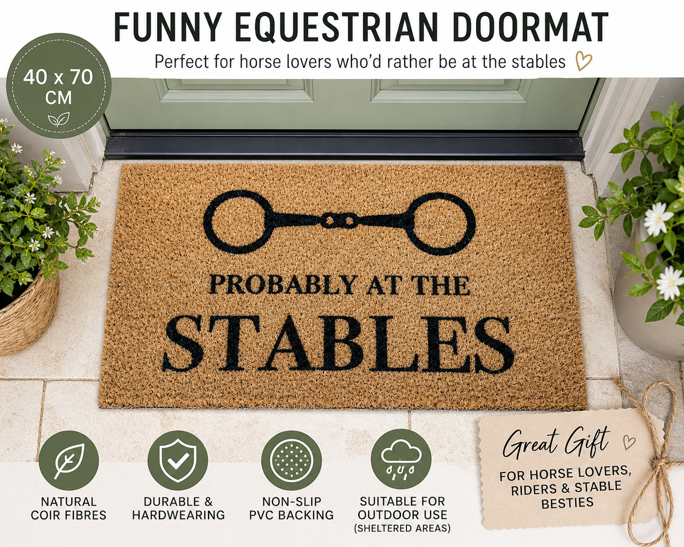 Equestrian Coir Doormat 40 x 70 – “Probably at the Stables” Home Entrance Mat